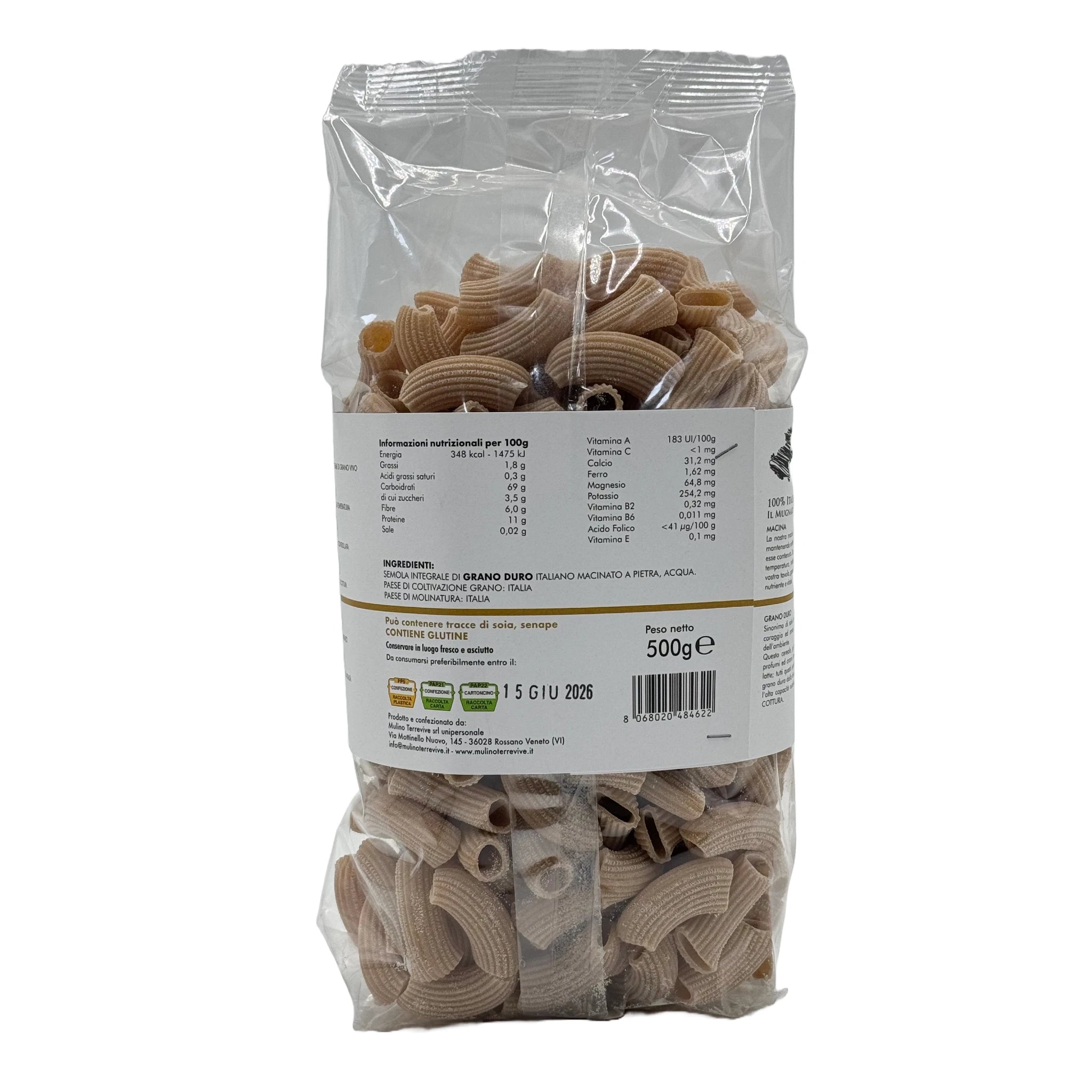 Pasta Integrale Grano Duro Linea Oro Rigatoni 500g  -  Mulino Terrevive - vaigustando