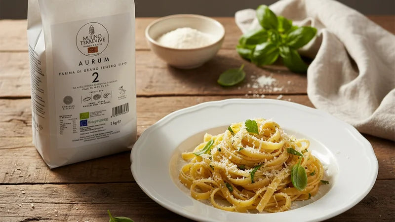 Nido di tagliatelle fresche con grattugiato e basilico su piatto bianco, accanto al sacco di farina Aurum tipo 2 e a una ciotola di farina