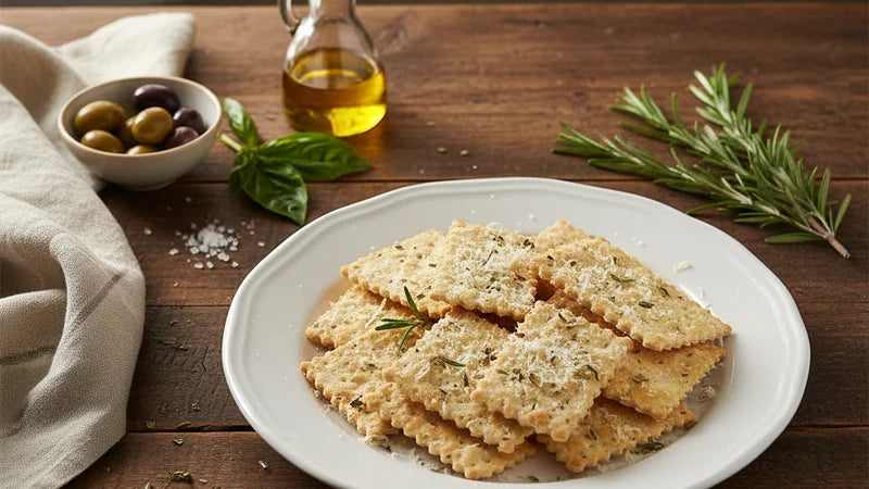 Crackers quadrati con rosmarino impilati su piatto bianco, ciotola di olive, ampolla di olio extravergine e rametti di rosmarino