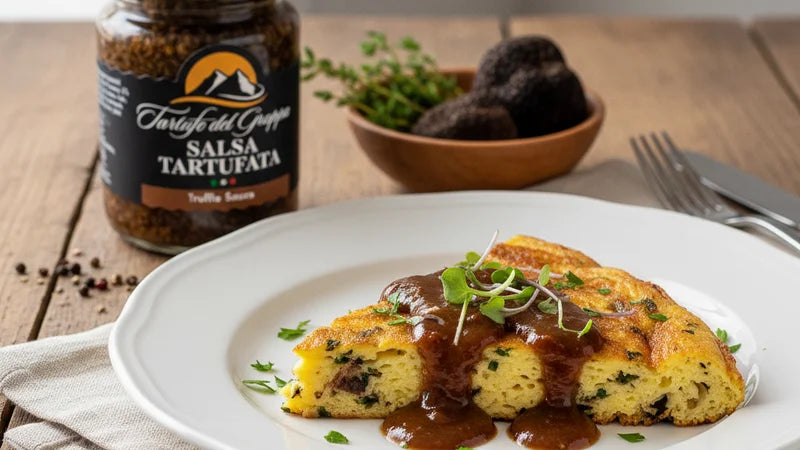 Spicchio di frittata con salsa tartufata e germogli, dietro il vasetto "Salsa Tartufata" e tartufi neri in ciotola