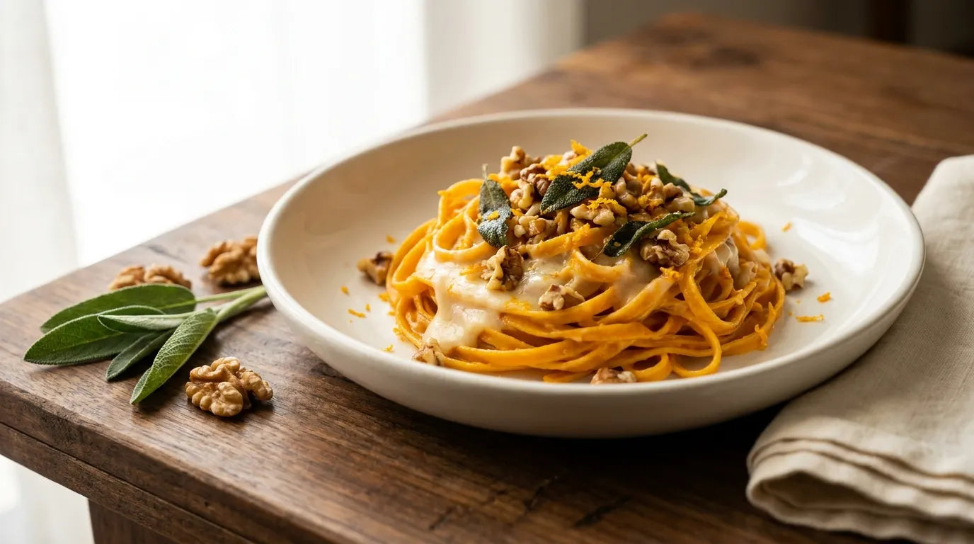 Nido di tagliolini alla zucca in crema di Taleggio con noci tostate, salvia e scorza d'arancia, a lato gherigli di noce e un rametto di salvia