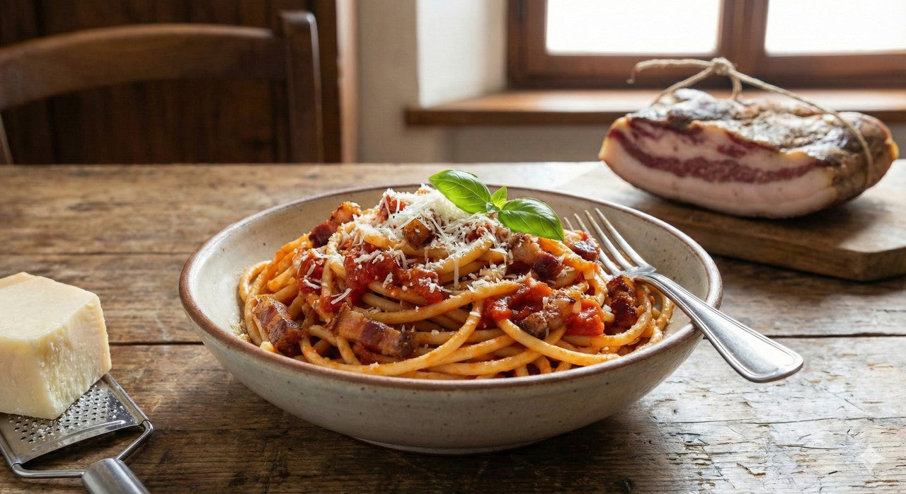 Spaghetti all'amatriciana in scodella con guanciale croccante, pecorino grattugiato e basilico, dietro il guanciale sul tagliere