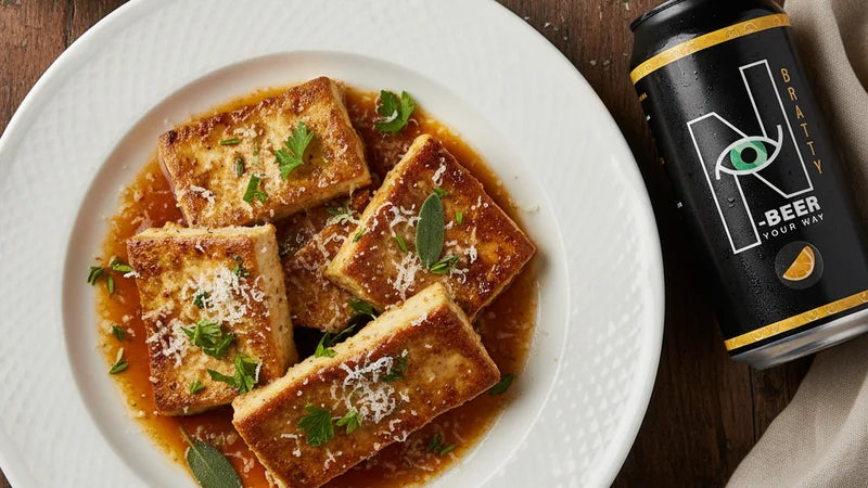 Fette di tofu dorate in salsa ambrata con prezzemolo e salvia su piatto bianco, accanto alla lattina nera Bratty