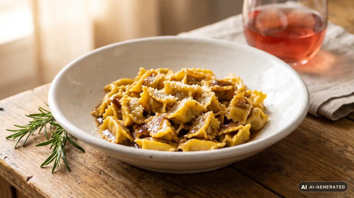 Agnolotti del plin piemontesi in un piatto fondo di ceramica, piccoli e arricciati dal pizzicotto, lucidi di sugo d'arrosto scuro, su un tavolo di legno