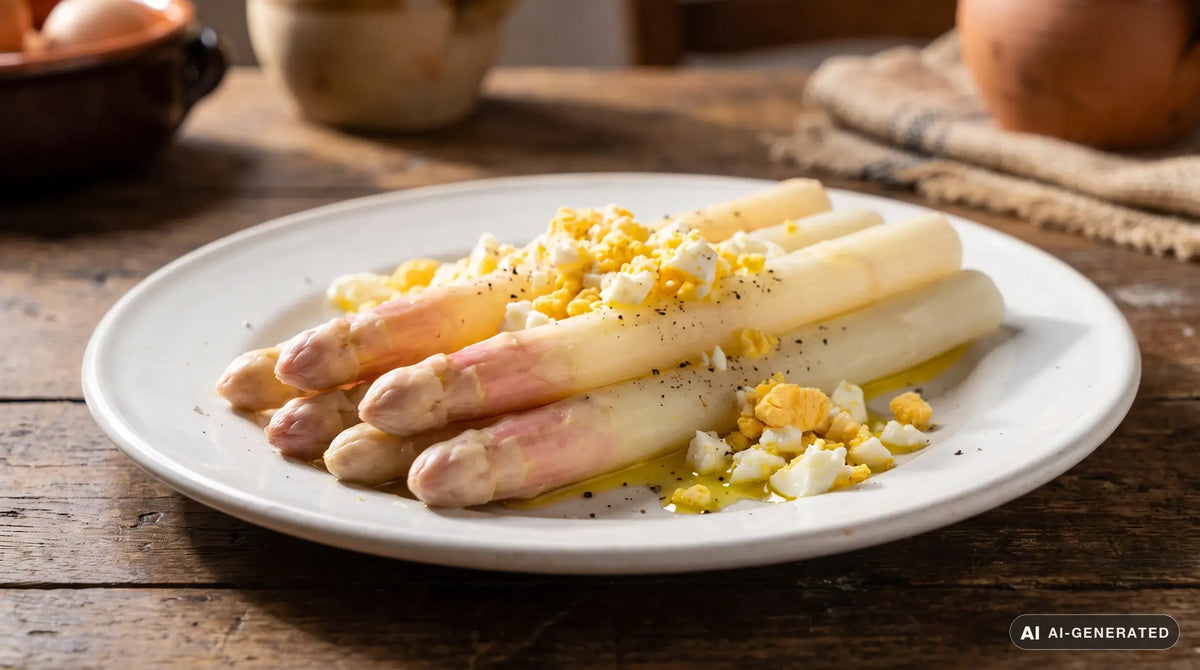 Asparagi bianchi di Bassano DOP cotti serviti su piatto bianco con uova sode sbriciolate e olio extravergine