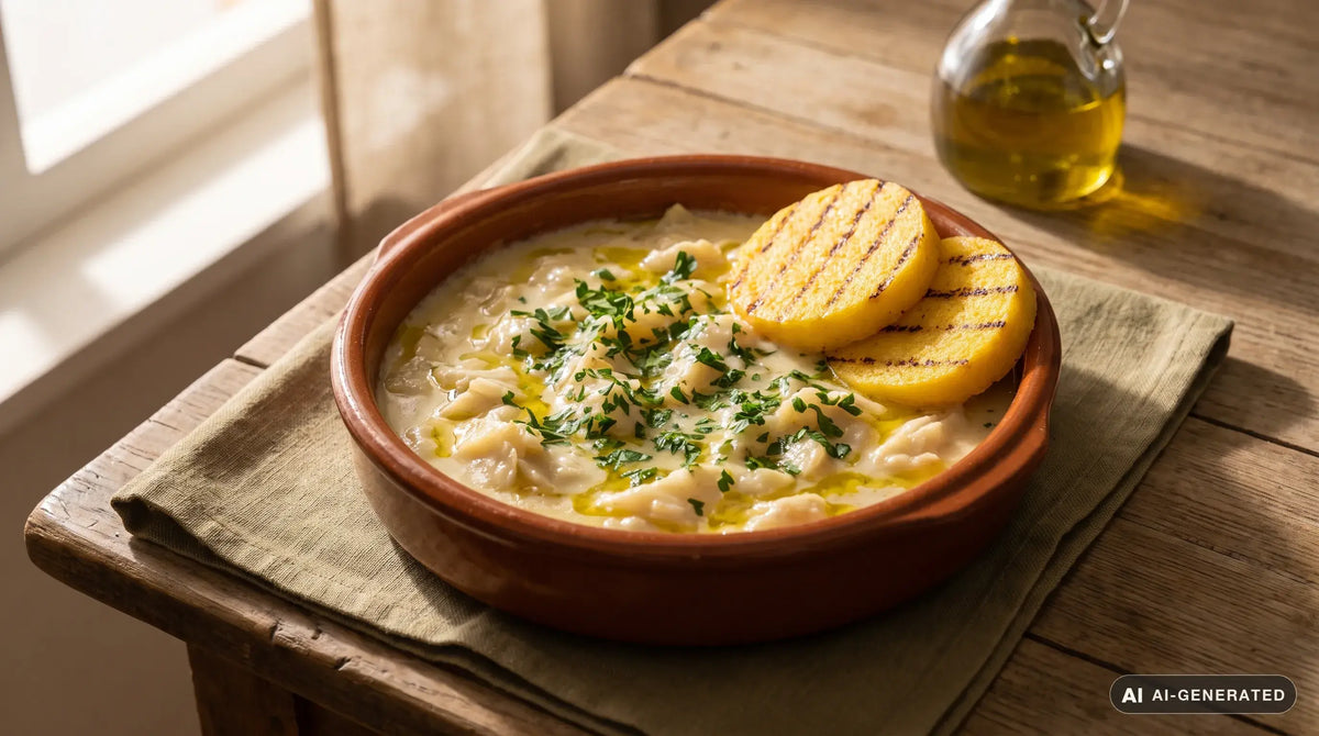Baccalà alla vicentina servito nella teglia di coccio con polenta gialla a fette, crema chiara di olio e latte e prezzemolo tritato
