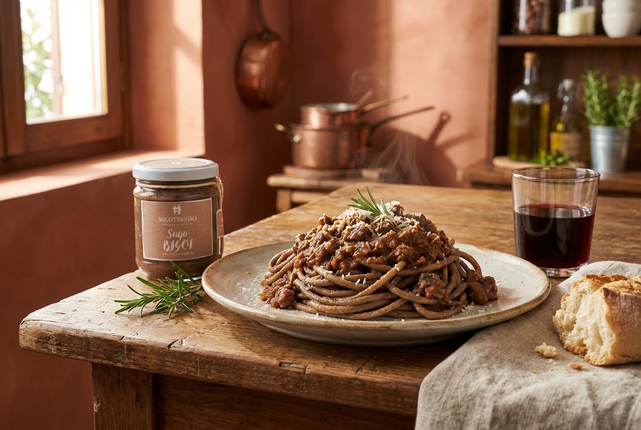 Bigoli fumanti al ragù di cinghiale con grattugiato, il vasetto "Sugo Bigoi" di SoloTreviso, un bicchiere di rosso e pane