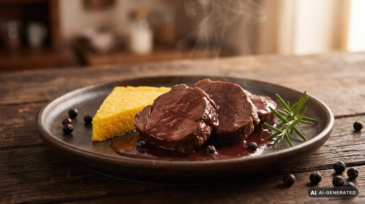 Brasato al vino rosso affettato su un piatto da portata scuro, fette di manzo lucide ricoperte dal fondo di cottura denso e bruno, con una fetta di polenta gialla a fianco e un rametto di rosmarino, su un tavolo di legno scuro
