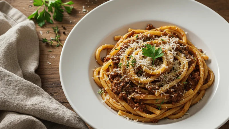 Bigoli attorcigliati nel sugo di carne con grattugiato e prezzemolo in una fondina bianca, tovagliolo di lino accanto