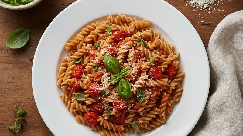 Fusilli integrali con pomodorini, grattugiato e foglie di basilico visti dall'alto nel piatto bianco su tavolo di legno
