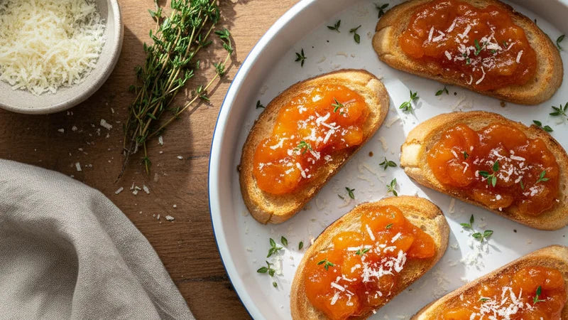 Tartine di pane tostato con confettura di albicocche, formaggio grattugiato e timo su piatto bordato di blu, viste dall'alto