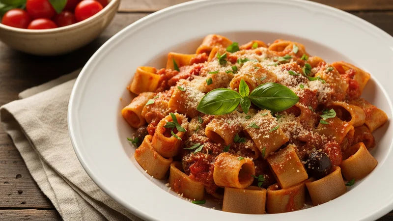 Calamarata integrale al sugo di pomodoro con olive, grattugiato e basilico in piatto bianco, ciotola di pomodorini sul fondo