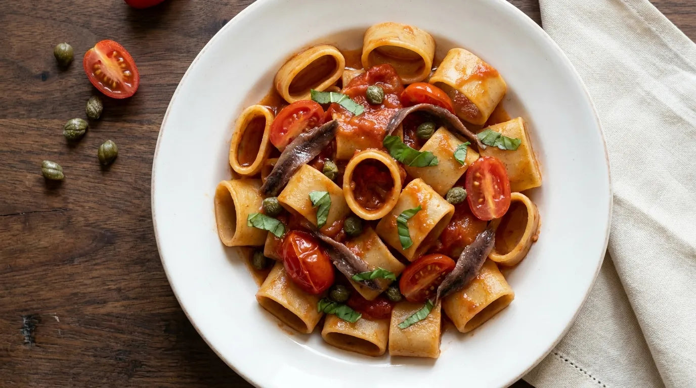 Calamarata integrale al pomodoro con datterini, filetti di acciuga, capperi e basilico in piatto bianco, a lato capperi e mezzo datterino sul tavolo di legno