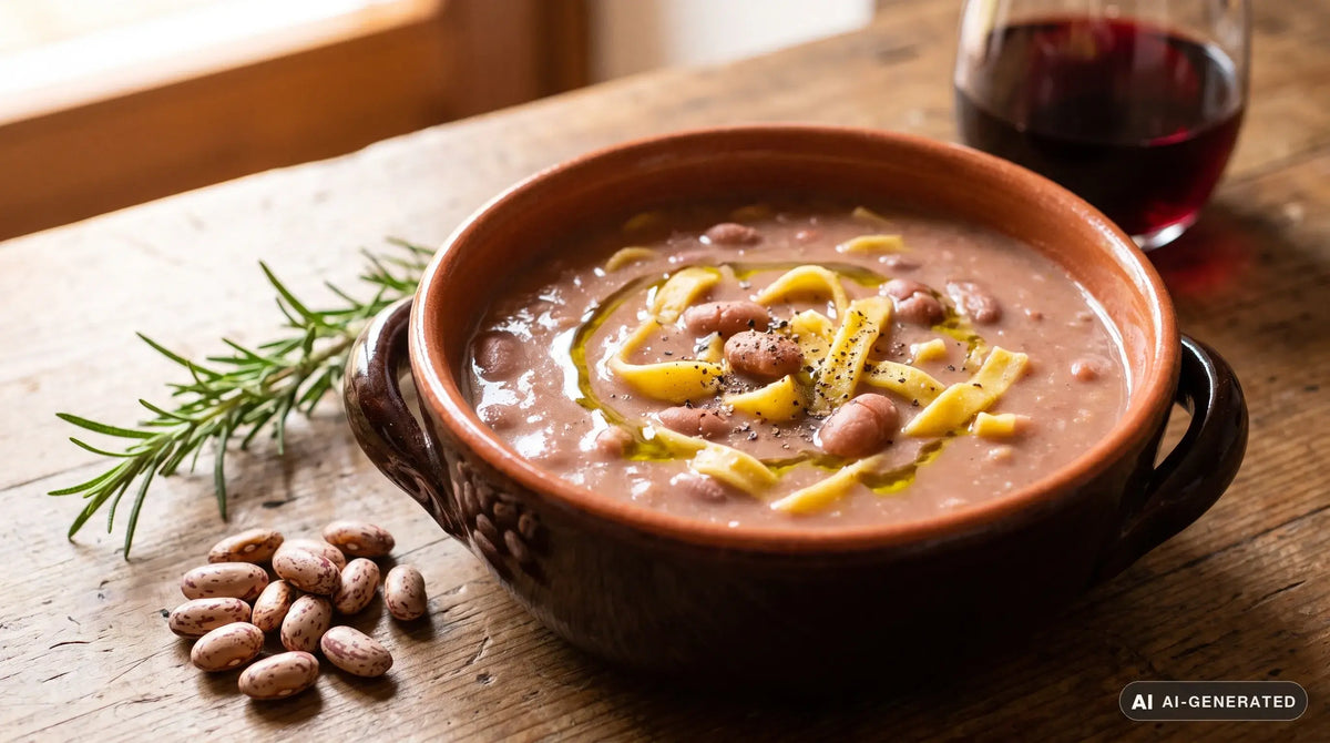 Pasta e fagioli alla veneta in una fondina di ceramica: minestra densa di fagioli borlotti, in parte passati e in parte interi, con tagliatelle all'uovo, un filo d'olio e pepe nero, su un tavolo di legno