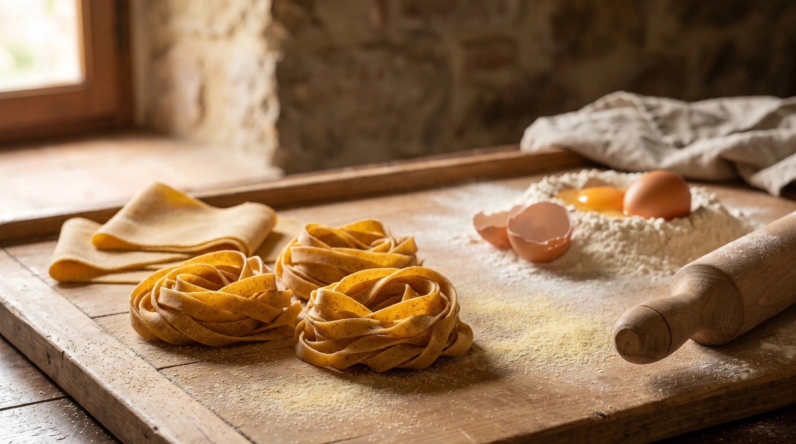 Nidi di tagliatelle fresche all'uovo e sfoglia piegata sulla spianatoia infarinata, con la fontana di farina, il tuorlo e il matterello
