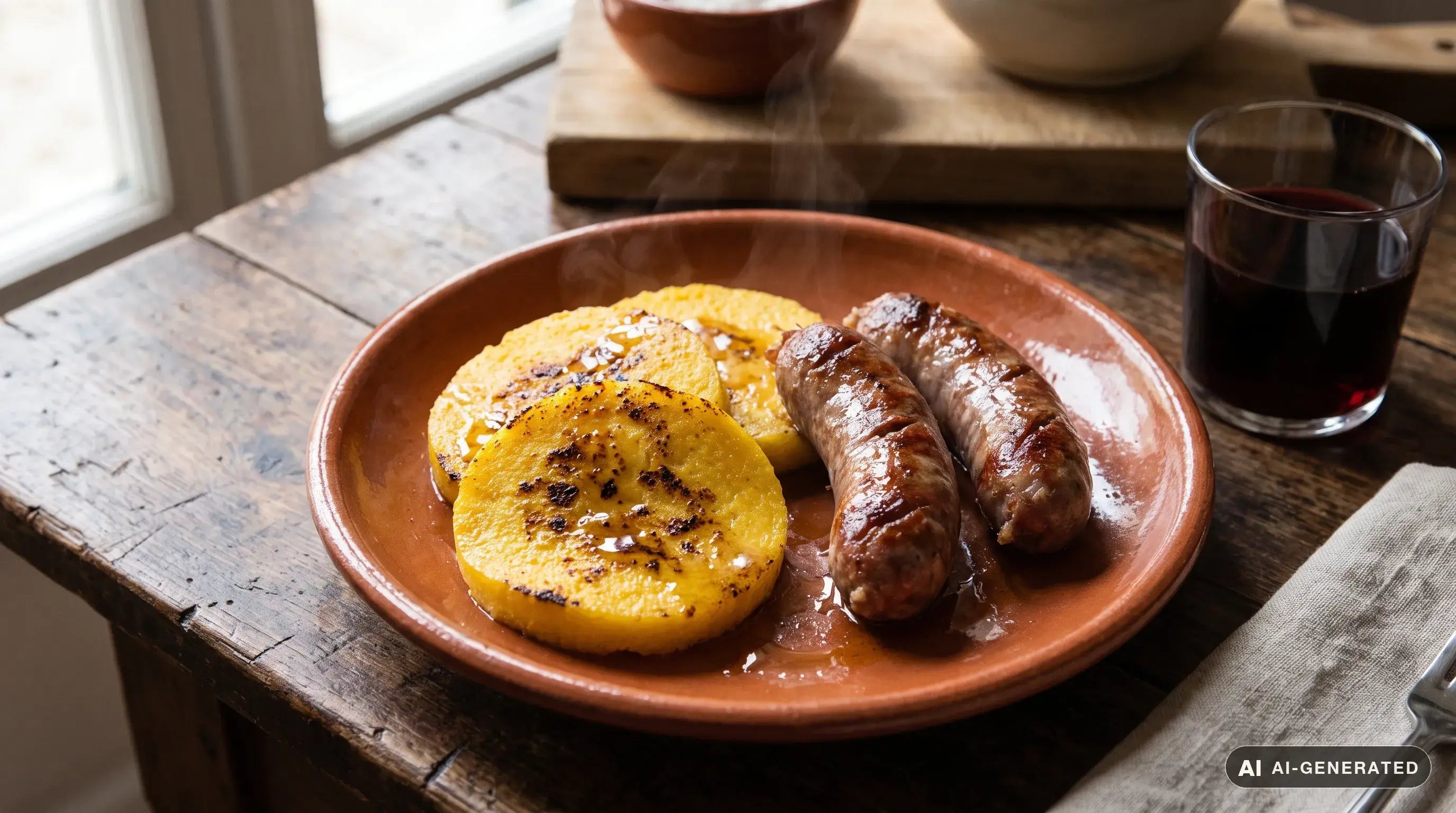 Polenta gialla tagliata a fette spesse e abbrustolita, servita su un piatto di terracotta rustico con sopra la sopressa trevigiana cotta, morbida e lucida di grasso, il tutto fumante