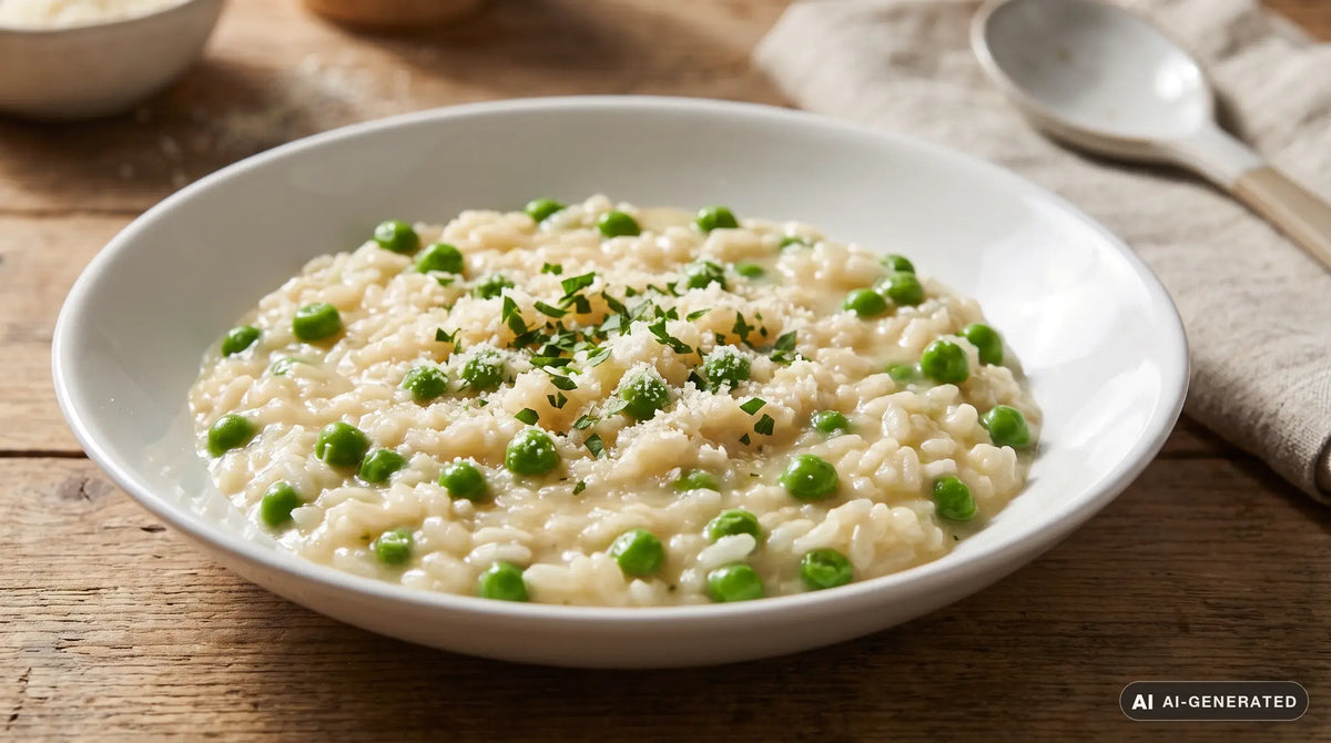 Risi e bisi veneti serviti in piatto fondo con cucchiaio, piselli verdi e cremosità del riso visibili