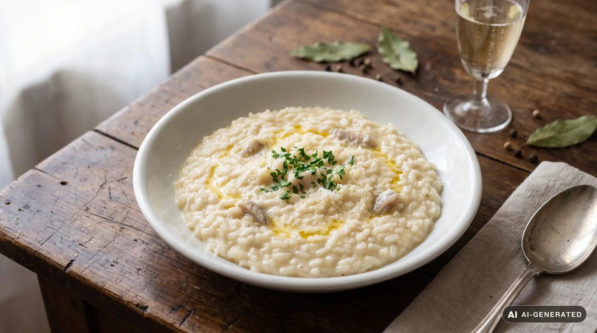Risotto ai gò servito in un piatto fondo bianco: risotto cremoso color avorio mantecato con burro e Parmigiano, spolverato con prezzemolo fresco tritato, con un cucchiaio a lato