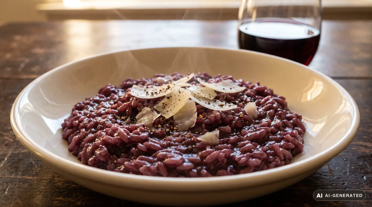 Risotto all'Amarone in un piatto fondo chiaro: riso di un granata intenso e lucido, con scaglie di formaggio stagionato e pepe nero sopra, e sullo sfondo sfocato un bicchiere di vino rosso su un tavolo di legno scuro