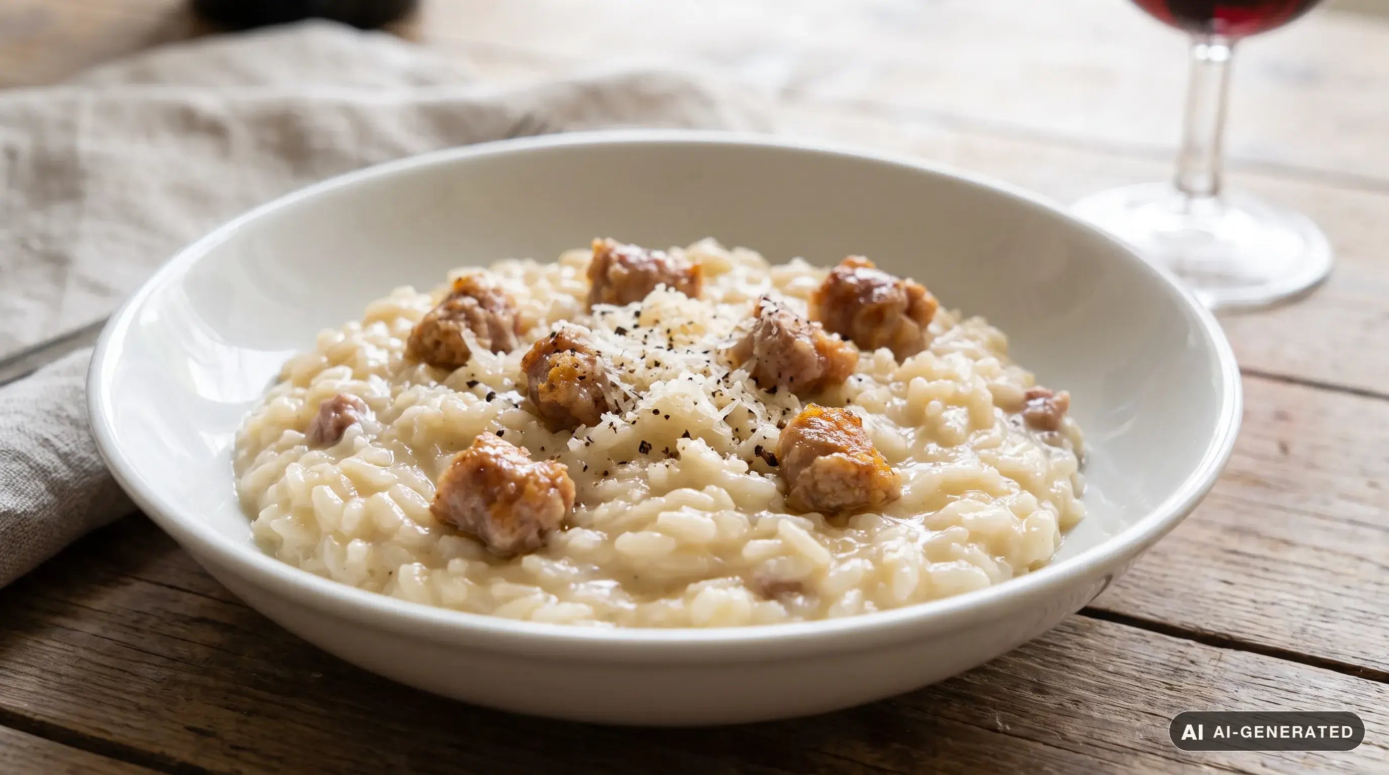 Risotto con la luganega servito in piatto fondo bianco, cremoso e mantecato, con pezzi di salsiccia dorata visibili