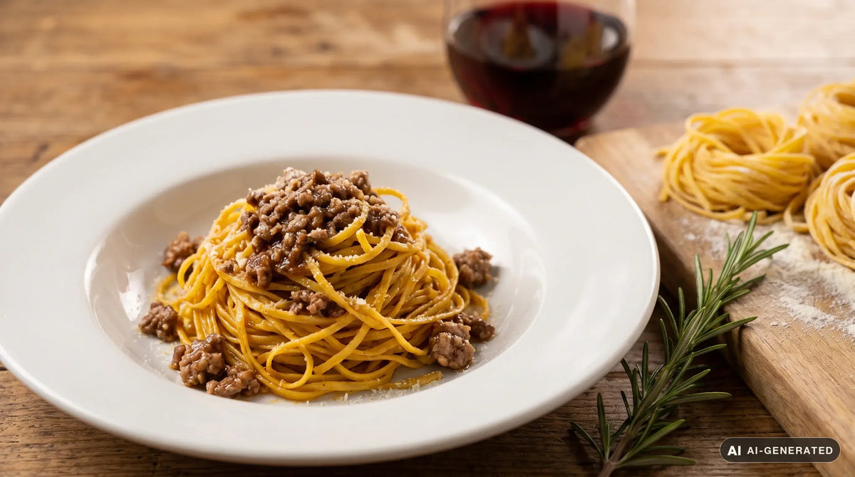 Tajarin piemontesi al ragù in un piatto di ceramica bianca: tagliolini all'uovo sottilissimi e gialli, conditi con ragù scuro di carne e parmigiano, su un tavolo di legno