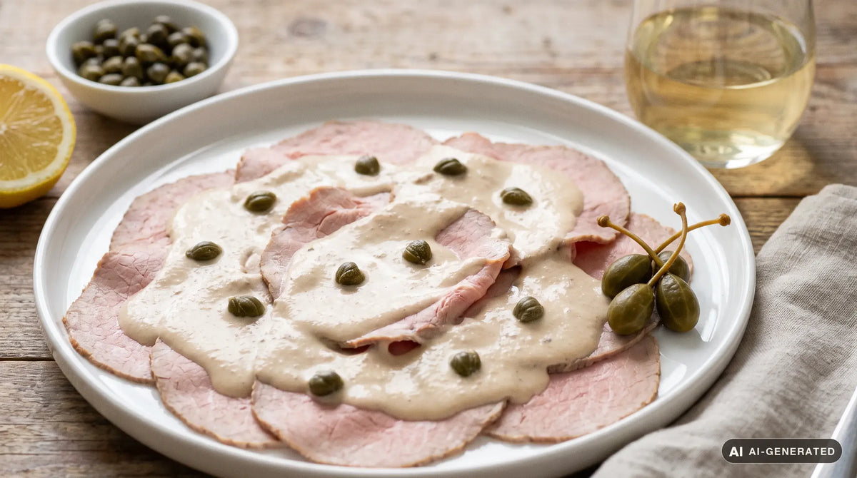 Vitello tonnato piemontese su un piatto di ceramica bianca: fette sottili di vitello rosato coperte da salsa tonnata color nocciola e capperi, su un tavolo di legno